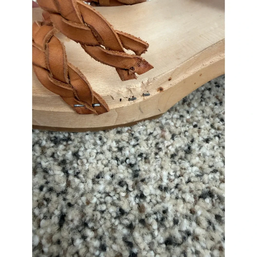 Swedish Hasbeens Sandal 38 US 8 Braided Sky High Clog Wood Heel Tan Leather FLAW